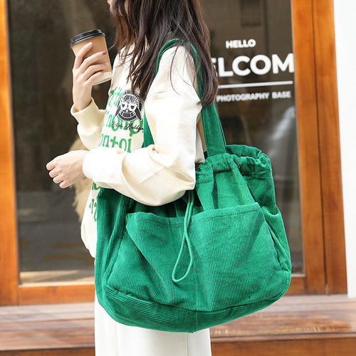 Corduroy Multi-Pocket Drawstring Shoulder Bag