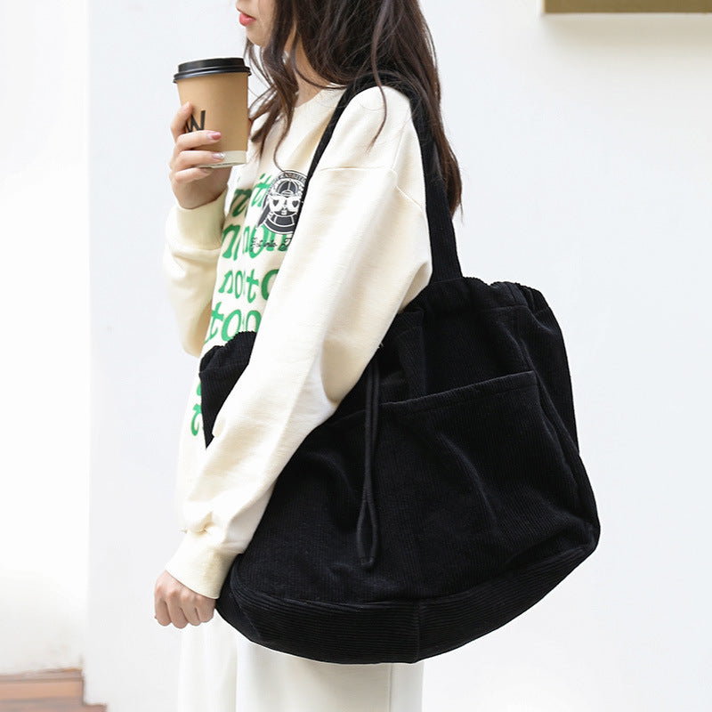 Corduroy Multi-Pocket Drawstring Shoulder Bag