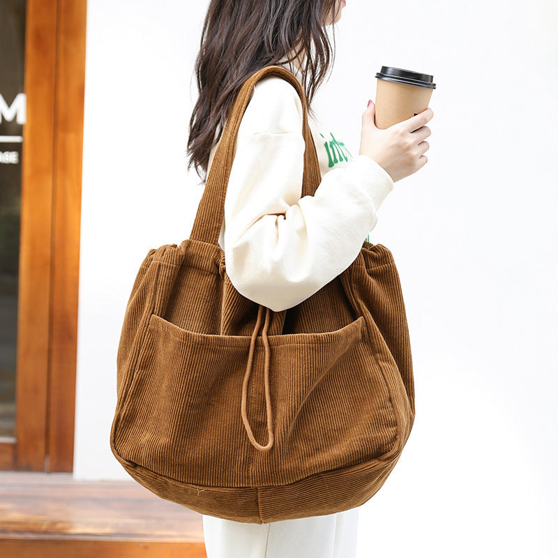 Corduroy Multi-Pocket Drawstring Shoulder Bag