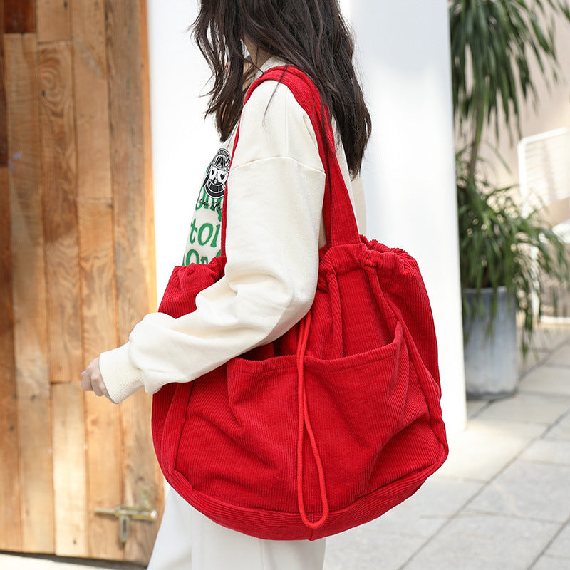 Corduroy Multi-Pocket Drawstring Shoulder Bag