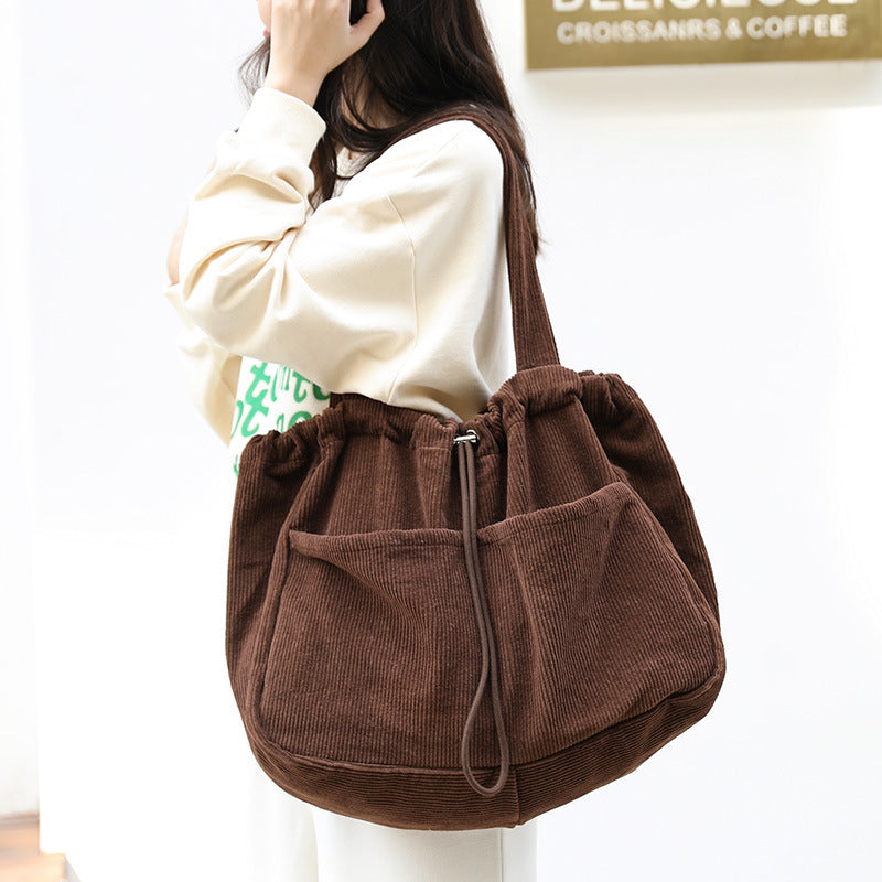 Corduroy Multi-Pocket Drawstring Shoulder Bag